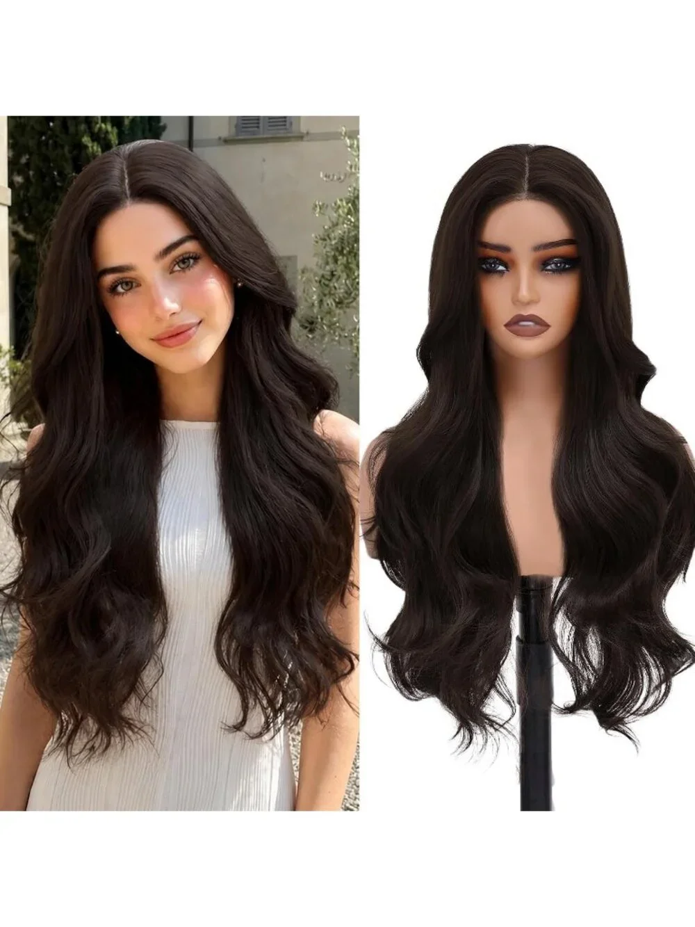Women's 26 Inch Grayish Brown Long Wavy Synthetic Glue Less 4x4 Lace Front Wig